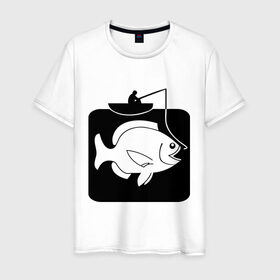 Мужская футболка хлопок с принтом Рыбак и большая рыба в Новосибирске, 100% хлопок | прямой крой, круглый вырез горловины, длина до линии бедер, слегка спущенное плечо. | Тематика изображения на принте: лодка | прикольные | рисунок | рыба | рыбак | рыбалка