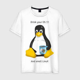 Мужская футболка хлопок с принтом Drink your OS And smell Linux в Новосибирске, 100% хлопок | прямой крой, круглый вырез горловины, длина до линии бедер, слегка спущенное плечо. | пингвин