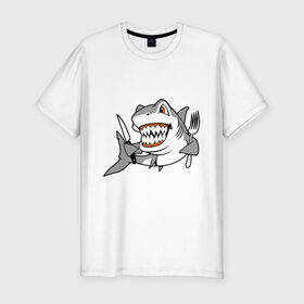 Мужская футболка премиум с принтом Акула решила пообедать в Новосибирске, 92% хлопок, 8% лайкра | приталенный силуэт, круглый вырез ворота, длина до линии бедра, короткий рукав | акула | животные | обед | хищник