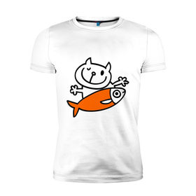 Мужская футболка премиум с принтом Кот и большая рыба в Новосибирске, 92% хлопок, 8% лайкра | приталенный силуэт, круглый вырез ворота, длина до линии бедра, короткий рукав | Тематика изображения на принте: довольный кот | кот | коты | котя | рыба | сытый кот