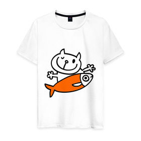Мужская футболка хлопок с принтом Кот и большая рыба в Новосибирске, 100% хлопок | прямой крой, круглый вырез горловины, длина до линии бедер, слегка спущенное плечо. | довольный кот | кот | коты | котя | рыба | сытый кот