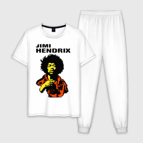 Мужская пижама хлопок с принтом Jimi Hendrix in a red t-shirt в Новосибирске, 100% хлопок | брюки и футболка прямого кроя, без карманов, на брюках мягкая резинка на поясе и по низу штанин
 | jimi hendrix in a red | rock | джими хендрикс | рок