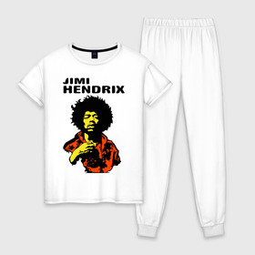 Женская пижама хлопок с принтом Jimi Hendrix in a red t-shirt в Новосибирске, 100% хлопок | брюки и футболка прямого кроя, без карманов, на брюках мягкая резинка на поясе и по низу штанин | jimi hendrix in a red | rock | джими хендрикс | рок
