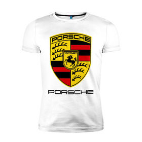 Мужская футболка премиум с принтом Porsche (2) в Новосибирске, 92% хлопок, 8% лайкра | приталенный силуэт, круглый вырез ворота, длина до линии бедра, короткий рукав | porsche | авто2012 | логотип порше | порш | порше | поршель | символ порше
