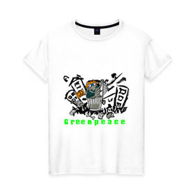 Женская футболка хлопок с принтом Greenpeace (2) в Новосибирске, 100% хлопок | прямой крой, круглый вырез горловины, длина до линии бедер, слегка спущенное плечо | greenpeace | город | гринпис | загрязнение планеты | зеленый мир | мусор | планета замля
