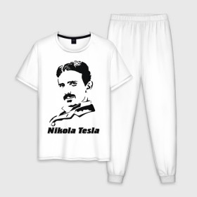 Мужская пижама хлопок с принтом Nikola Tesla в Новосибирске, 100% хлопок | брюки и футболка прямого кроя, без карманов, на брюках мягкая резинка на поясе и по низу штанин
 | nikola tesla | знаменитая личность | знаменитость | никола тесла | портрет | тесла | ученый | физик