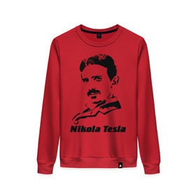 Женский свитшот хлопок с принтом Nikola Tesla в Новосибирске, 100% хлопок | прямой крой, круглый вырез, на манжетах и по низу широкая трикотажная резинка  | nikola tesla | знаменитая личность | знаменитость | никола тесла | портрет | тесла | ученый | физик