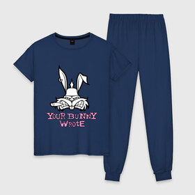 Женская пижама хлопок с принтом Your Bunny Wrote в Новосибирске, 100% хлопок | брюки и футболка прямого кроя, без карманов, на брюках мягкая резинка на поясе и по низу штанин | bunny | кролик | мат