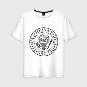 Женская футболка хлопок Oversize с принтом Ramones герб в Новосибирске, 100% хлопок | свободный крой, круглый ворот, спущенный рукав, длина до линии бедер
 | heavy metal | metal | muse | rock | trash metal | альтернатива | квартет | лица | метал | рок | рок группа | рок группы | трэш метал | хеви метал