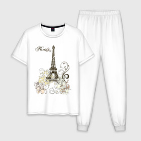 Мужская пижама хлопок с принтом Paris (2) в Новосибирске, 100% хлопок | брюки и футболка прямого кроя, без карманов, на брюках мягкая резинка на поясе и по низу штанин
 | башня | париж | парижане | франция | французский | французы | эйфелева