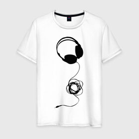 Мужская футболка хлопок с принтом Наушники и шнур в Новосибирске, 100% хлопок | прямой крой, круглый вырез горловины, длина до линии бедер, слегка спущенное плечо. | deejay | dj | диджей | шаушники | шнур