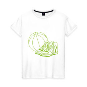 Женская футболка хлопок с принтом Баскетбол (мяч и кеды) в Новосибирске, 100% хлопок | прямой крой, круглый вырез горловины, длина до линии бедер, слегка спущенное плечо | баскетбольный мяч | кеды