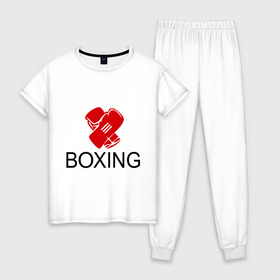 Женская пижама хлопок с принтом Boxing в Новосибирске, 100% хлопок | брюки и футболка прямого кроя, без карманов, на брюках мягкая резинка на поясе и по низу штанин | box | boxing | footbolki | бокс | боксер | боксерские перчатки | боксинг | перчатки | спорт