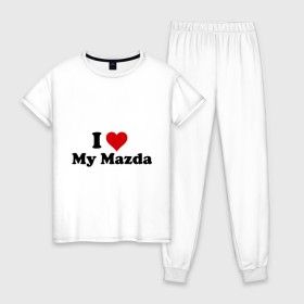 Женская пижама хлопок с принтом I love my Mazda (2) в Новосибирске, 100% хлопок | брюки и футболка прямого кроя, без карманов, на брюках мягкая резинка на поясе и по низу штанин | i love | i love my mazda | mazda | авто | мазда | машины | я люблю | японские