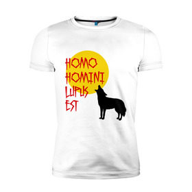 Мужская футболка премиум с принтом Человек человеку волк! в Новосибирске, 92% хлопок, 8% лайкра | приталенный силуэт, круглый вырез ворота, длина до линии бедра, короткий рукав | homo homini lupus est | афоризм | волк | волк воет | латиница | латинский | луна | хомо хомини люпус эст | цитата | человек | человек человеку волк