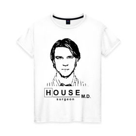 Женская футболка хлопок с принтом House m.d. Чейз в Новосибирске, 100% хлопок | прямой крой, круглый вырез горловины, длина до линии бедер, слегка спущенное плечо | house | house md | все врут | доктор хауз | доктор хаус | хаус | хью лори | чейз