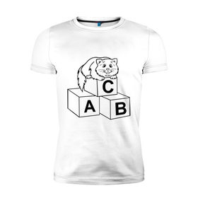 Мужская футболка премиум с принтом Кот на кубиках в Новосибирске, 92% хлопок, 8% лайкра | приталенный силуэт, круглый вырез ворота, длина до линии бедра, короткий рукав | алфавит | киса | кот | котик | кубики