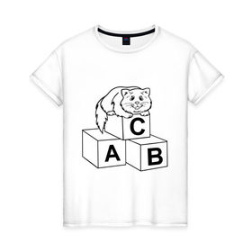 Женская футболка хлопок с принтом Кот на кубиках в Новосибирске, 100% хлопок | прямой крой, круглый вырез горловины, длина до линии бедер, слегка спущенное плечо | алфавит | киса | кот | котик | кубики