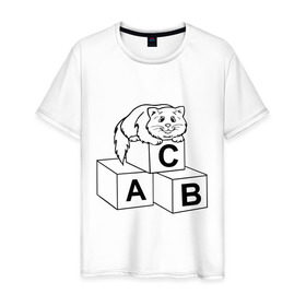 Мужская футболка хлопок с принтом Кот на кубиках в Новосибирске, 100% хлопок | прямой крой, круглый вырез горловины, длина до линии бедер, слегка спущенное плечо. | алфавит | киса | кот | котик | кубики