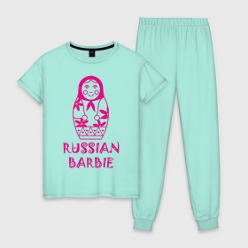 Женская пижама хлопок с принтом Русская Барби в Новосибирске, 100% хлопок | брюки и футболка прямого кроя, без карманов, на брюках мягкая резинка на поясе и по низу штанин | russian barbie | кукла | матрешка | русская барби | символ россии