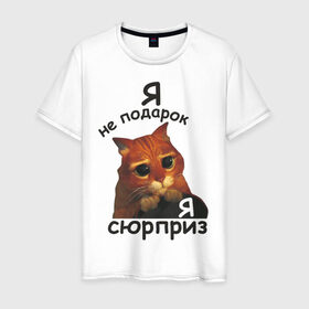 Мужская футболка хлопок с принтом Я не подарок, я сюрприз в Новосибирске, 100% хлопок | прямой крой, круглый вырез горловины, длина до линии бедер, слегка спущенное плечо. | Тематика изображения на принте: кот | кот из шрека | котик | подарок | сюрприз | шрек | я не подарокя