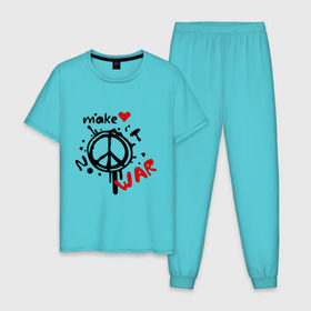 Мужская пижама хлопок с принтом Peace. Make love not war в Новосибирске, 100% хлопок | брюки и футболка прямого кроя, без карманов, на брюках мягкая резинка на поясе и по низу штанин
 | Тематика изображения на принте: хиппи