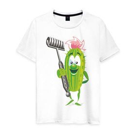 Мужская футболка хлопок с принтом Огурец в Новосибирске, 100% хлопок | прямой крой, круглый вырез горловины, длина до линии бедер, слегка спущенное плечо. | дача | дачник | овощи | огурец | огурчик | садовод