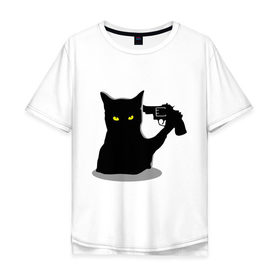Мужская футболка хлопок Oversize с принтом Black Cat Shooter в Новосибирске, 100% хлопок | свободный крой, круглый ворот, “спинка” длиннее передней части | кот | кошка | кошка с пистолетом | кошки | пистолет | револьвер | черная кошка