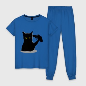 Женская пижама хлопок с принтом Black Cat Shooter в Новосибирске, 100% хлопок | брюки и футболка прямого кроя, без карманов, на брюках мягкая резинка на поясе и по низу штанин | кот | кошка | кошка с пистолетом | кошки | пистолет | револьвер | черная кошка