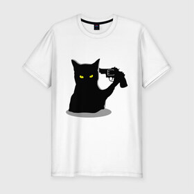 Мужская футболка премиум с принтом Black Cat Shooter в Новосибирске, 92% хлопок, 8% лайкра | приталенный силуэт, круглый вырез ворота, длина до линии бедра, короткий рукав | кот | кошка | кошка с пистолетом | кошки | пистолет | револьвер | черная кошка