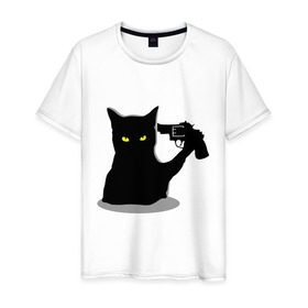 Мужская футболка хлопок с принтом Black Cat Shooter в Новосибирске, 100% хлопок | прямой крой, круглый вырез горловины, длина до линии бедер, слегка спущенное плечо. | кот | кошка | кошка с пистолетом | кошки | пистолет | револьвер | черная кошка