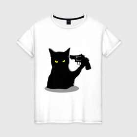 Женская футболка хлопок с принтом Black Cat Shooter в Новосибирске, 100% хлопок | прямой крой, круглый вырез горловины, длина до линии бедер, слегка спущенное плечо | кот | кошка | кошка с пистолетом | кошки | пистолет | револьвер | черная кошка