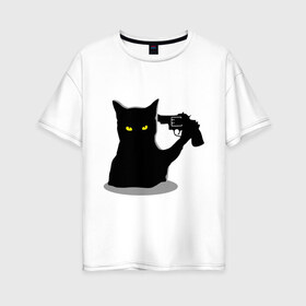 Женская футболка хлопок Oversize с принтом Black Cat Shooter в Новосибирске, 100% хлопок | свободный крой, круглый ворот, спущенный рукав, длина до линии бедер
 | кот | кошка | кошка с пистолетом | кошки | пистолет | револьвер | черная кошка