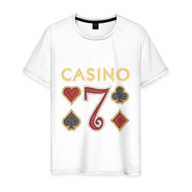 Мужская футболка хлопок с принтом Casino в Новосибирске, 100% хлопок | прямой крой, круглый вырез горловины, длина до линии бедер, слегка спущенное плечо. | 7 | casino | poker | азарт | игра | казино | карточная колода | карточные игры | карты | колода | масти | масть | покер | семь | ставки