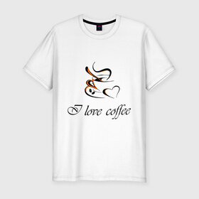 Мужская футболка премиум с принтом I love coffee в Новосибирске, 92% хлопок, 8% лайкра | приталенный силуэт, круглый вырез ворота, длина до линии бедра, короткий рукав | Тематика изображения на принте: coffee | капучино | кофе | люблю кофе | чашка | эспрессо