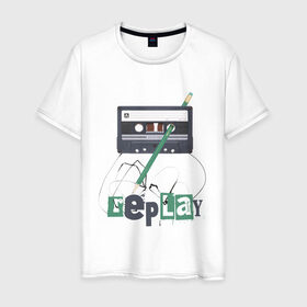 Мужская футболка хлопок с принтом Replay в Новосибирске, 100% хлопок | прямой крой, круглый вырез горловины, длина до линии бедер, слегка спущенное плечо. | music | replay | replayреплей | аудиокассета | кассета | музыка