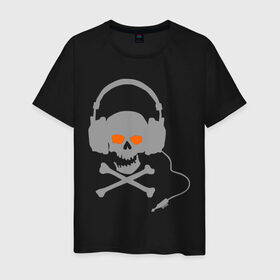 Мужская футболка хлопок с принтом Электро-череп в наушниках в Новосибирске, 100% хлопок | прямой крой, круглый вырез горловины, длина до линии бедер, слегка спущенное плечо. | наушники | череп | череп  в наушниках | электро | электро череп | электромузыка | электронная музыка