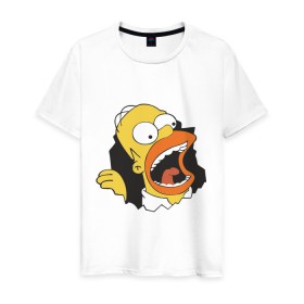 Мужская футболка хлопок с принтом Гомер Симпсон вылезает в Новосибирске, 100% хлопок | прямой крой, круглый вырез горловины, длина до линии бедер, слегка спущенное плечо. | гомер