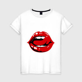 Женская футболка хлопок с принтом Губы и язык в Новосибирске, 100% хлопок | прямой крой, круглый вырез горловины, длина до линии бедер, слегка спущенное плечо | 8 марта | губы | губы и язык | девушкам | женские губы | красная помада | красные губы | язык
