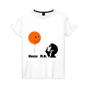 Женская футболка хлопок с принтом Доктор Хаус и воздушный шарик в Новосибирске, 100% хлопок | прямой крой, круглый вырез горловины, длина до линии бедер, слегка спущенное плечо | house | house md | все врут | доктор хауз | доктор хаус | хаус | хью лори