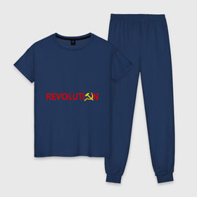 Женская пижама хлопок с принтом Revolution (3) в Новосибирске, 100% хлопок | брюки и футболка прямого кроя, без карманов, на брюках мягкая резинка на поясе и по низу штанин | коммунизм | молот | революция | серп | советский | социализм | союз