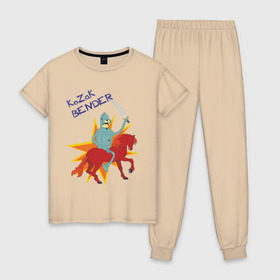 Женская пижама хлопок с принтом Бэндер - казак в Новосибирске, 100% хлопок | брюки и футболка прямого кроя, без карманов, на брюках мягкая резинка на поясе и по низу штанин | bender | бендер | бэндер   казакfuturama | футурама