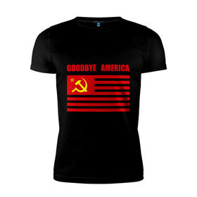Мужская футболка премиум с принтом Goodbye America в Новосибирске, 92% хлопок, 8% лайкра | приталенный силуэт, круглый вырез ворота, длина до линии бедра, короткий рукав | america | goodbye | америка | герб | звезды | молот | полосы | серп | советский | союз | ссср | сша | флаг