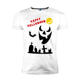 Мужская футболка премиум с принтом Happy Halloween в Новосибирске, 92% хлопок, 8% лайкра | приталенный силуэт, круглый вырез ворота, длина до линии бедра, короткий рукав | 31 октября | halloven | hallovin | halloween | hallowin | haloveen | haloven | halovin | haloween | halowen | helloween | hellowin | heloven | helowen | халлоуин | халлуин | халовин | халоуин | хелловин | хеллоуин | хеллу | хеллувин | хеловин | хелоуин | 