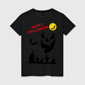 Женская футболка хлопок с принтом Happy Halloween в Новосибирске, 100% хлопок | прямой крой, круглый вырез горловины, длина до линии бедер, слегка спущенное плечо | 31 октября | halloven | hallovin | halloween | hallowin | haloveen | haloven | halovin | haloween | halowen | helloween | hellowin | heloven | helowen | халлоуин | халлуин | халовин | халоуин | хелловин | хеллоуин | хеллу | хеллувин | хеловин | хелоуин | 