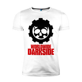 Мужская футболка премиум с принтом Worldwide Darkside в Новосибирске, 92% хлопок, 8% лайкра | приталенный силуэт, круглый вырез ворота, длина до линии бедра, короткий рукав | сторона | темная | череп | черепушка | шестеренка | электро | электронная