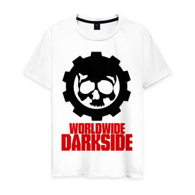 Мужская футболка хлопок с принтом Worldwide Darkside в Новосибирске, 100% хлопок | прямой крой, круглый вырез горловины, длина до линии бедер, слегка спущенное плечо. | сторона | темная | череп | черепушка | шестеренка | электро | электронная