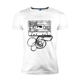 Мужская футболка премиум с принтом Размотанная кассета в Новосибирске, 92% хлопок, 8% лайкра | приталенный силуэт, круглый вырез ворота, длина до линии бедра, короткий рукав | аудиокассета | дека | касеста | компакт кассета | музыка | размотанная кассета