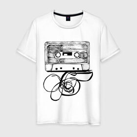 Мужская футболка хлопок с принтом Размотанная кассета в Новосибирске, 100% хлопок | прямой крой, круглый вырез горловины, длина до линии бедер, слегка спущенное плечо. | аудиокассета | дека | касеста | компакт кассета | музыка | размотанная кассета
