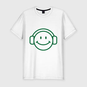 Мужская футболка премиум с принтом Смайл в наушниках в Новосибирске, 92% хлопок, 8% лайкра | приталенный силуэт, круглый вырез ворота, длина до линии бедра, короткий рукав | smile | наушники | смайл | смайлик | улыбка